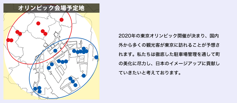 2020年の東京オリンピック開催が決まり、国内外から多くの観光客が東京に訪れることが予想されます。私たちは徹底した駐車場管理を通して町の美化に尽力し、日本のイメージアップに貢献していきたいと考えております。